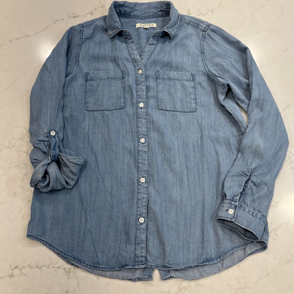 Harper Womens M Button Up Back Light Chambray Roll Tab Long Sleeve Lyocell Shirt